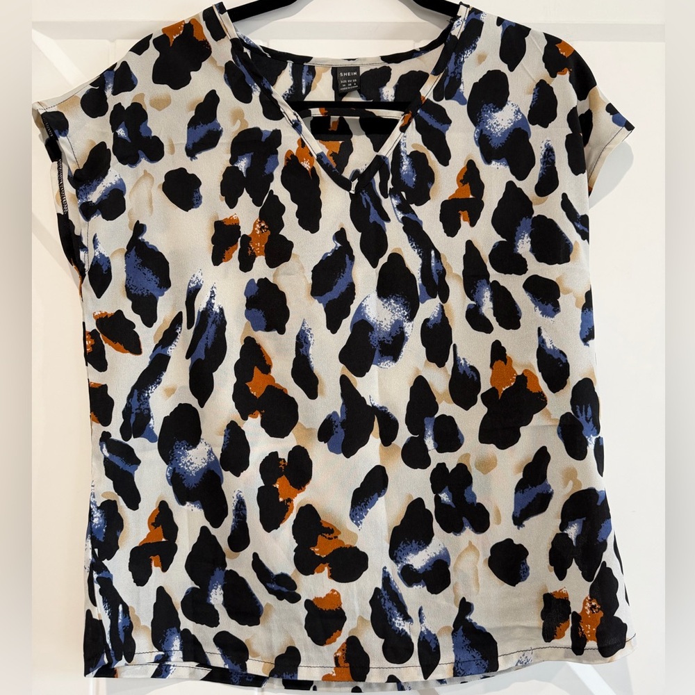 SHEIN Leopard Print Blouse in Black, Blue, and Orange